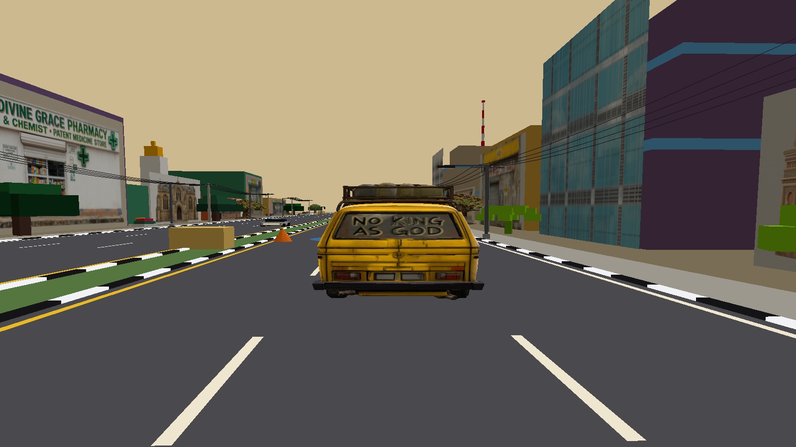 In-game view of a yellow danfo driving down Ozumba Mbadiwe Avenue in Lagos, with shopfronts, power lines and a planted median